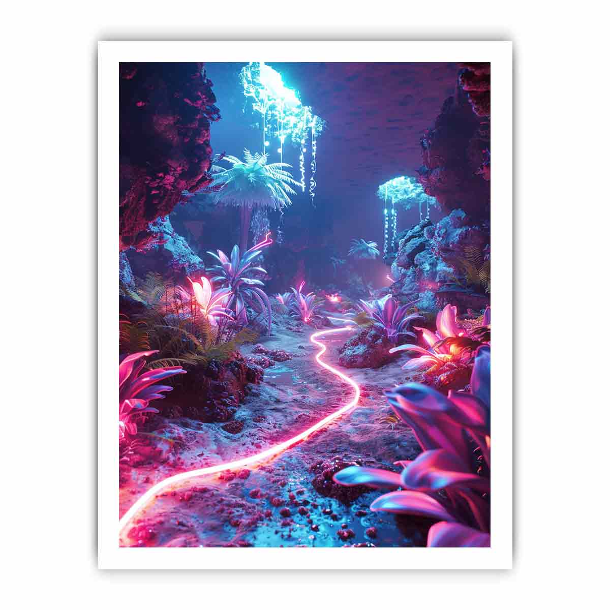Vertical glowing cave garden canvas art for modern fantasy room decor.