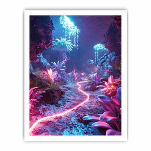 Vertical glowing cave garden canvas art for modern fantasy room decor.