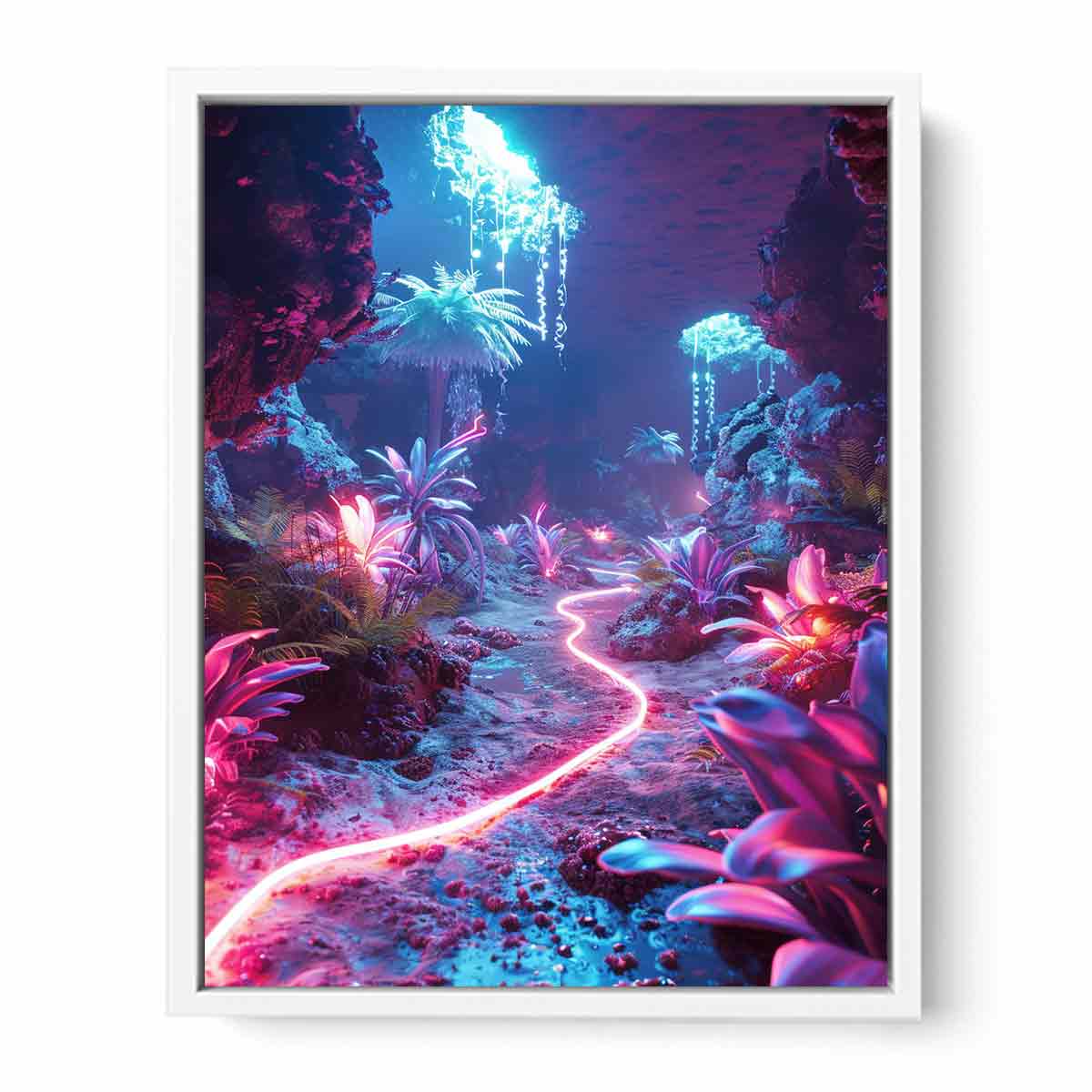 Vertical glowing cave garden canvas art for modern fantasy room decor.