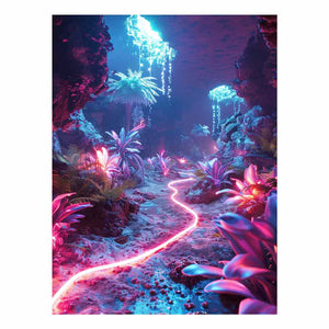 Vertical glowing cave garden canvas art for modern fantasy room decor.