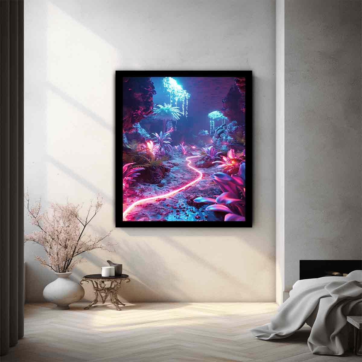 Vertical glowing cave garden canvas art for modern fantasy room decor.