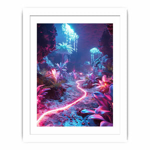 Vertical glowing cave garden canvas art for modern fantasy room decor.