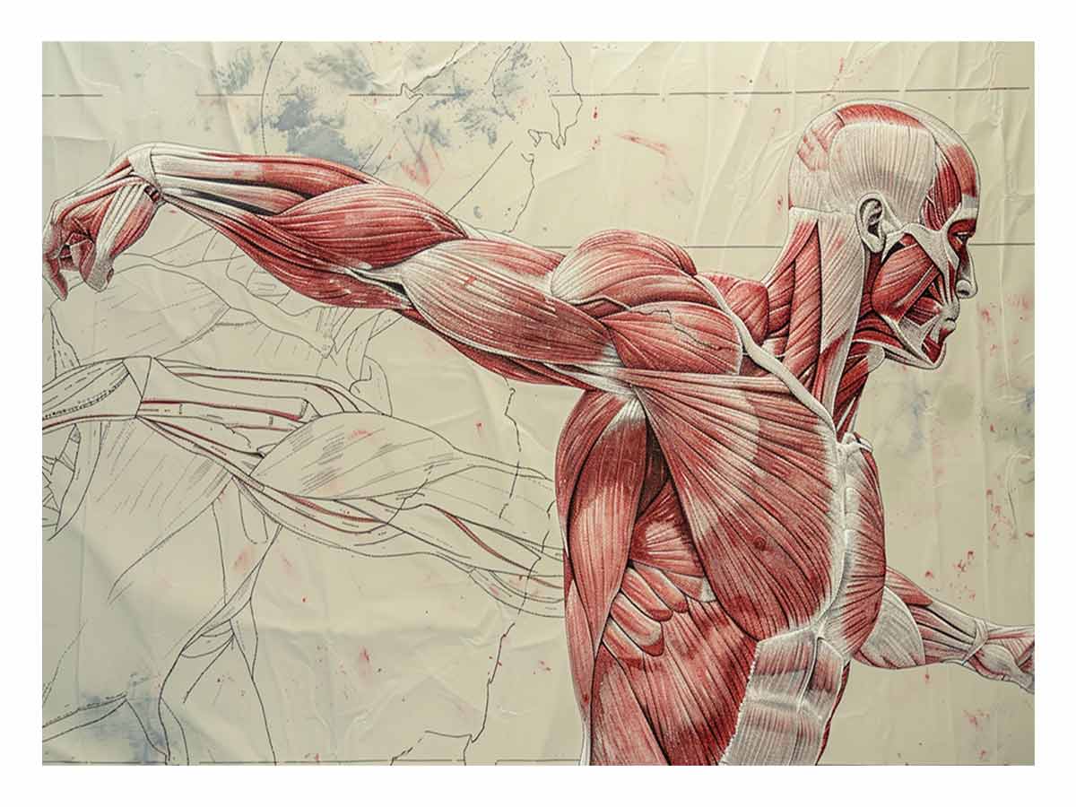 Horizontal athletic anatomy muscle canvas art for gym or professional office decor.