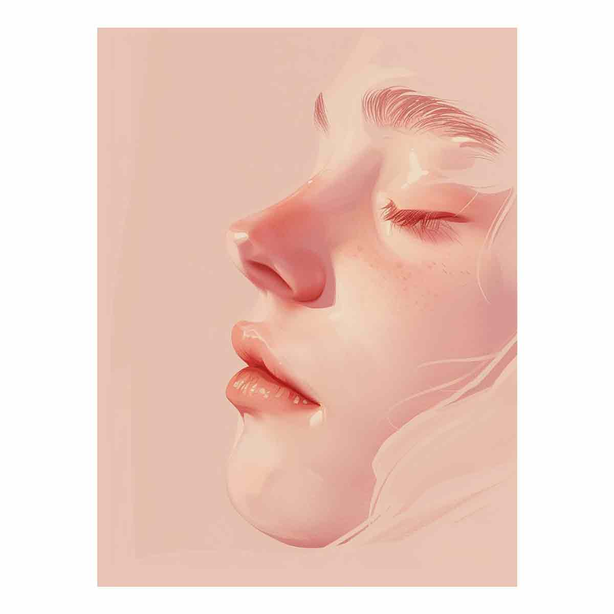 Vertical blush female profile canvas art for soft bedroom or vanity decor.