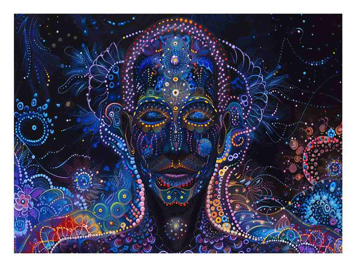 Horizontal colorful dot mask portrait canvas art for bold eclectic decor.