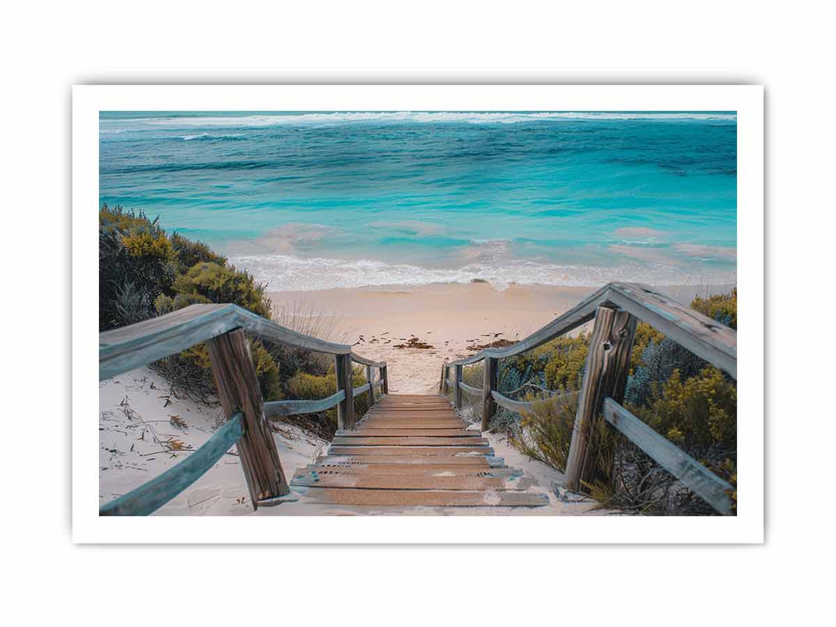 Horizontal turquoise beach stairs canvas print for relaxed coastal home decor.