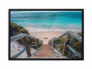 Horizontal turquoise beach stairs canvas print for relaxed coastal home decor.