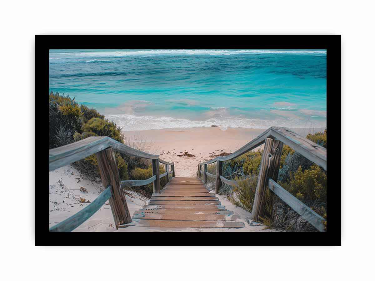 Horizontal turquoise beach stairs canvas print for relaxed coastal home decor.