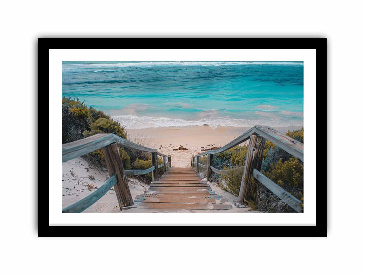 Horizontal turquoise beach stairs canvas print for relaxed coastal home decor.