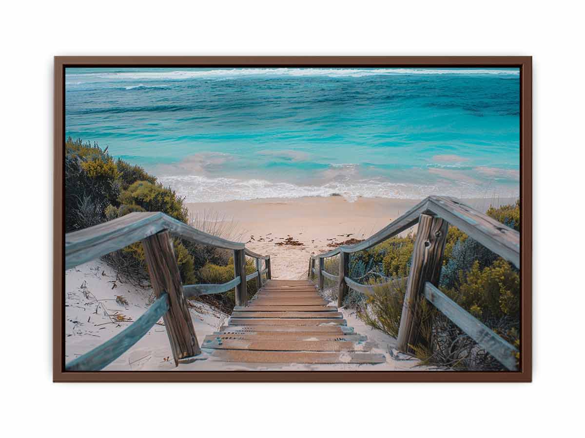 Horizontal turquoise beach stairs canvas print for relaxed coastal home decor.