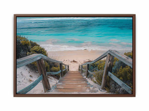 Horizontal turquoise beach stairs canvas print for relaxed coastal home decor.