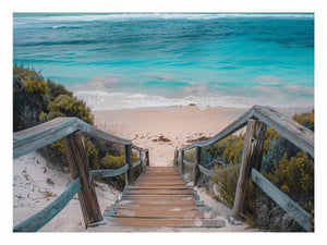 Horizontal turquoise beach stairs canvas print for relaxed coastal home decor.