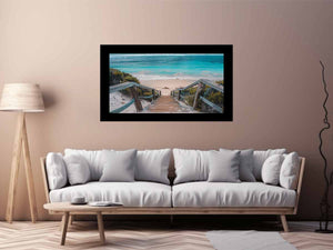 Horizontal turquoise beach stairs canvas print for relaxed coastal home decor.