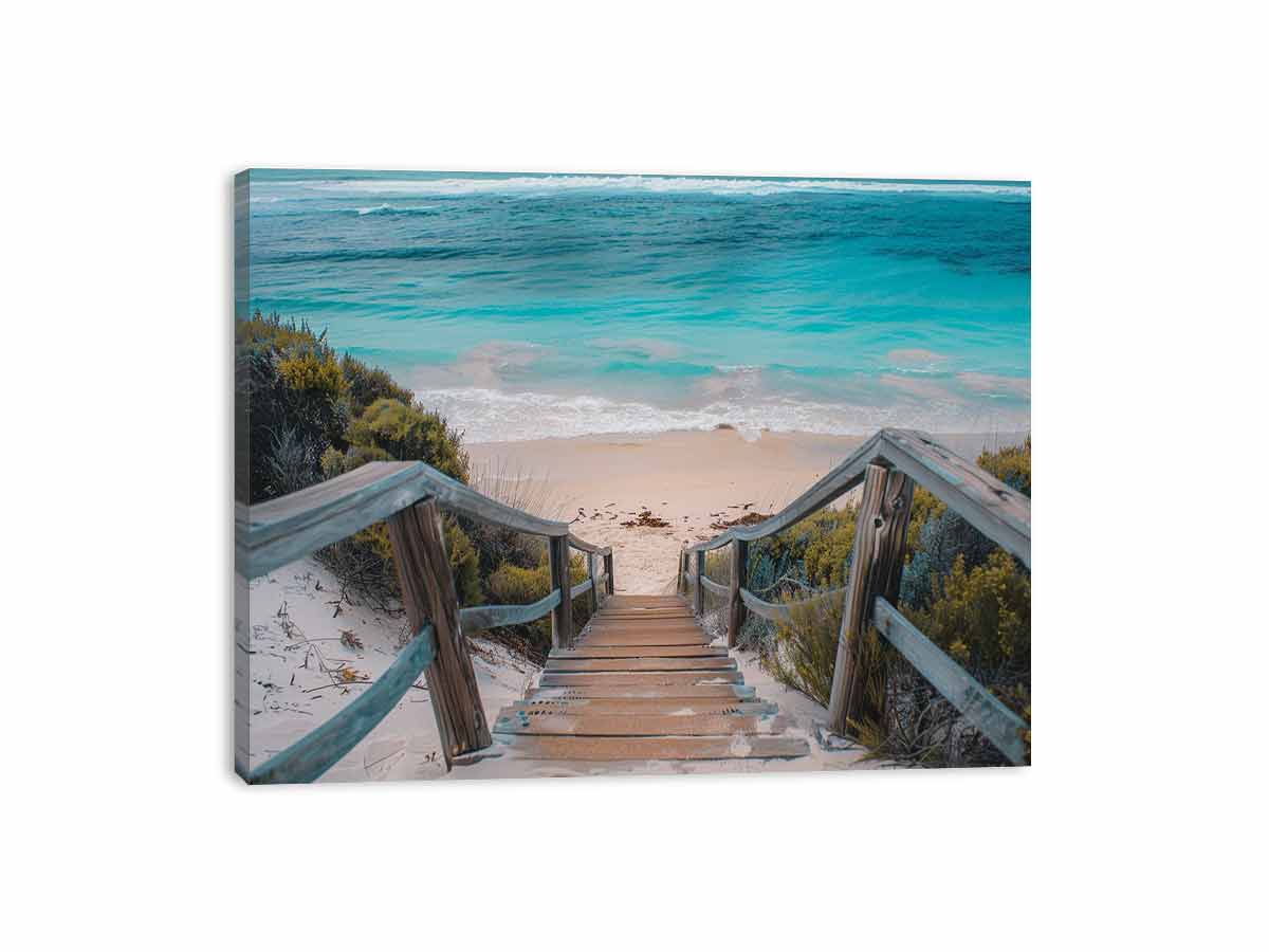 Horizontal turquoise beach stairs canvas print for relaxed coastal home decor.