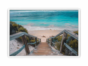 Horizontal turquoise beach stairs canvas print for relaxed coastal home decor.