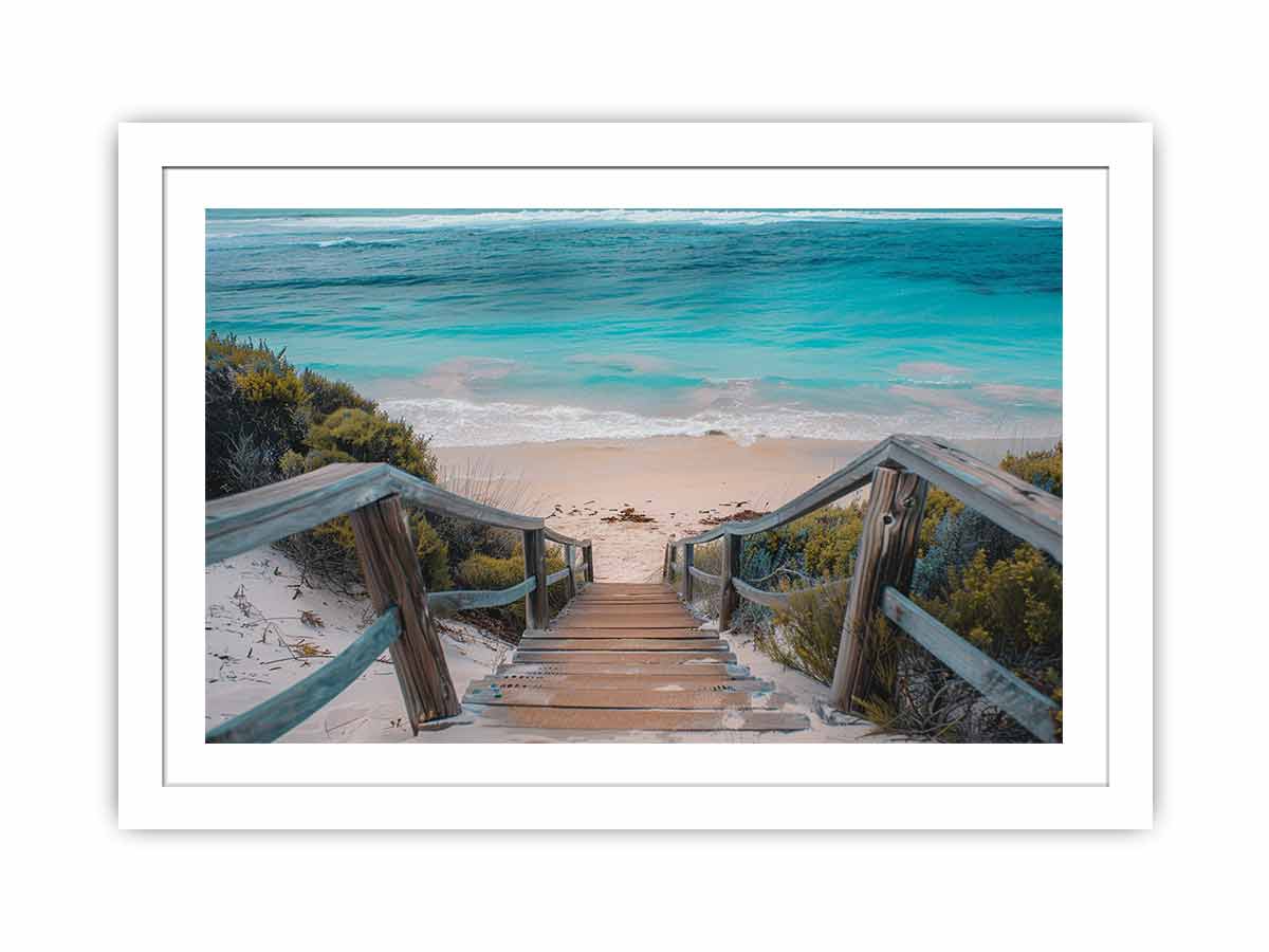 Horizontal turquoise beach stairs canvas print for relaxed coastal home decor.