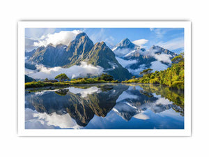 Scenic mountain lake reflection canvas art for modern living room decor.