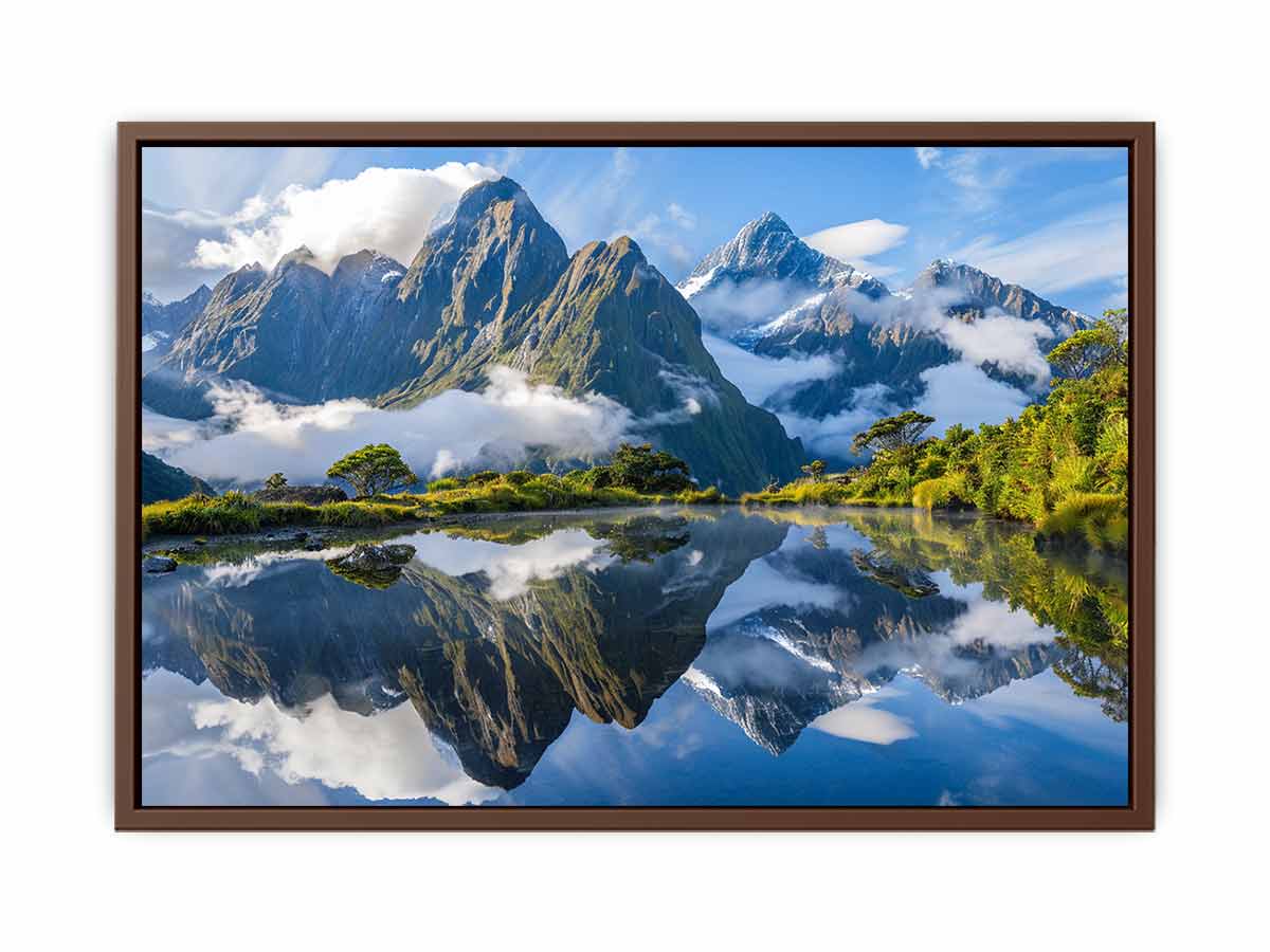 Scenic mountain lake reflection canvas art for modern living room decor.