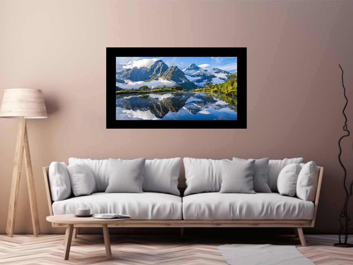 Scenic mountain lake reflection canvas art for modern living room decor.