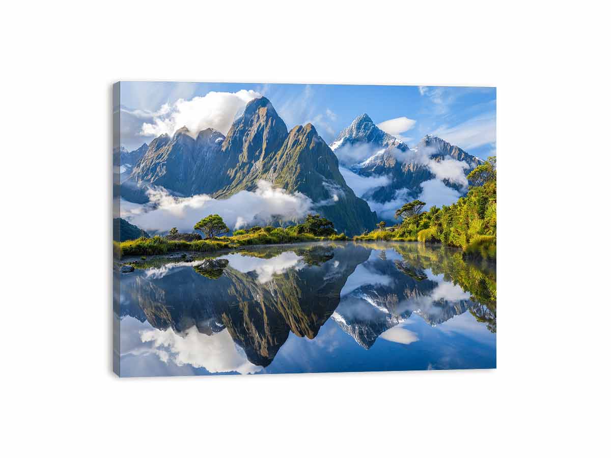 Scenic mountain lake reflection canvas art for modern living room decor.