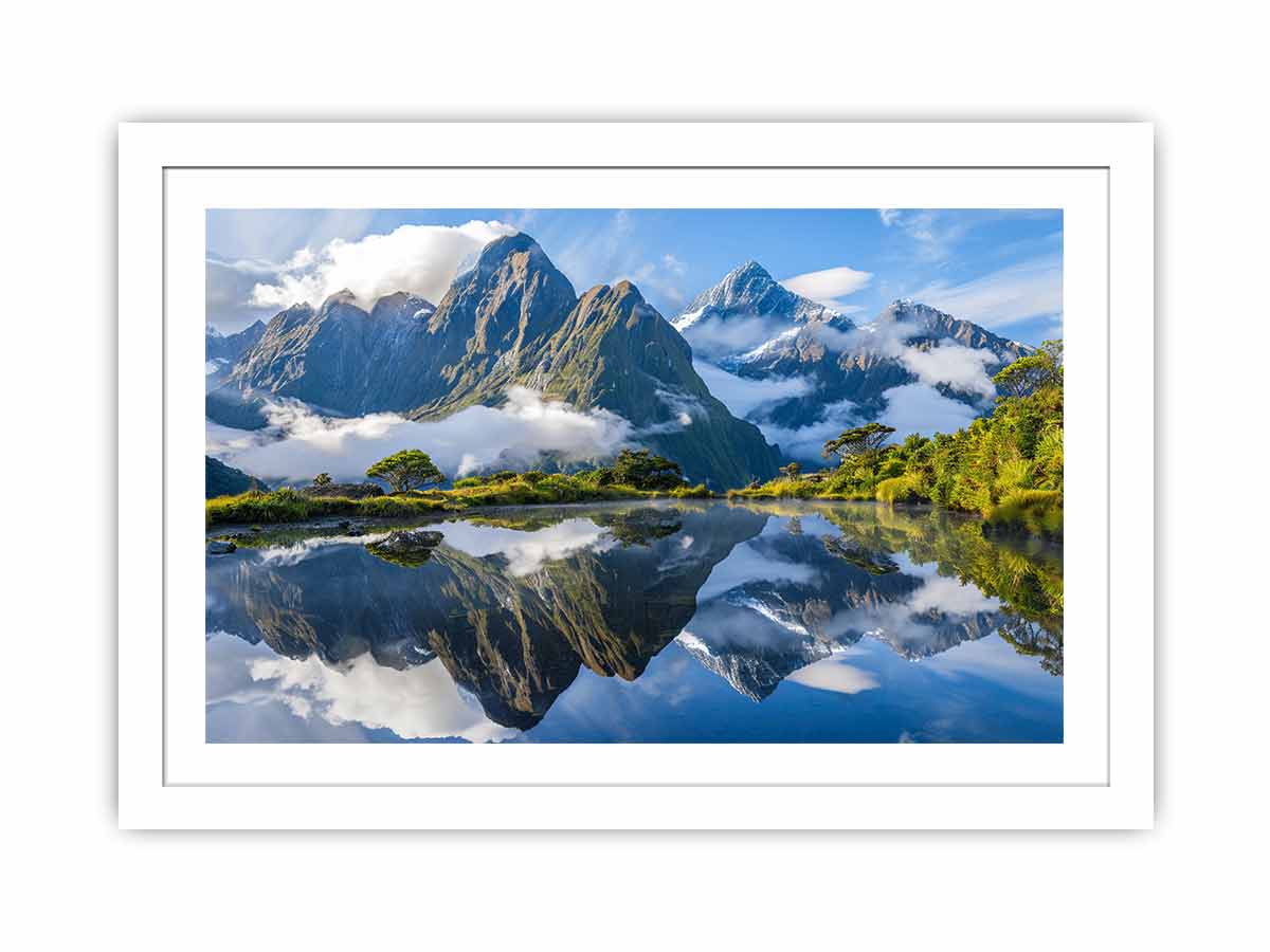 Scenic mountain lake reflection canvas art for modern living room decor.