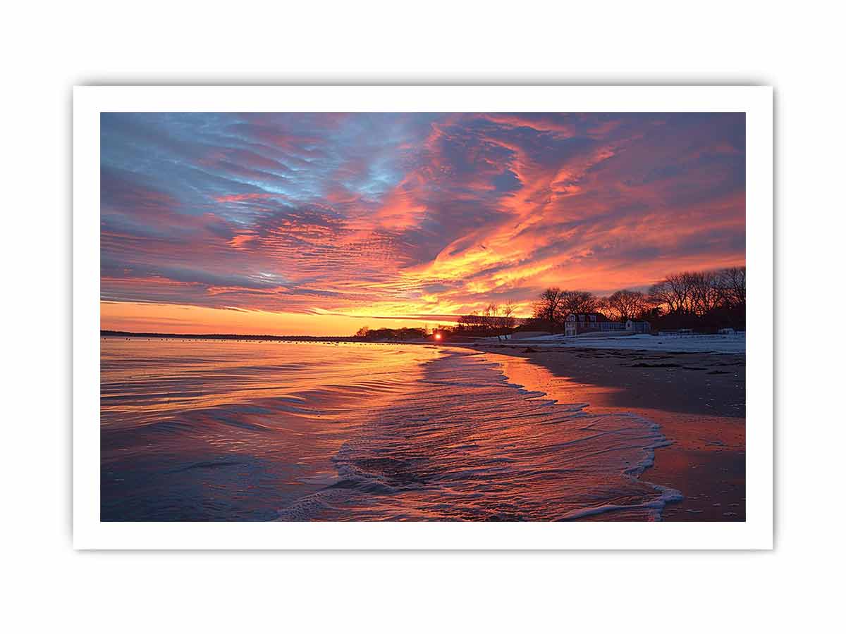 Dramatic coastal sunset canvas art for warm modern living room decor.