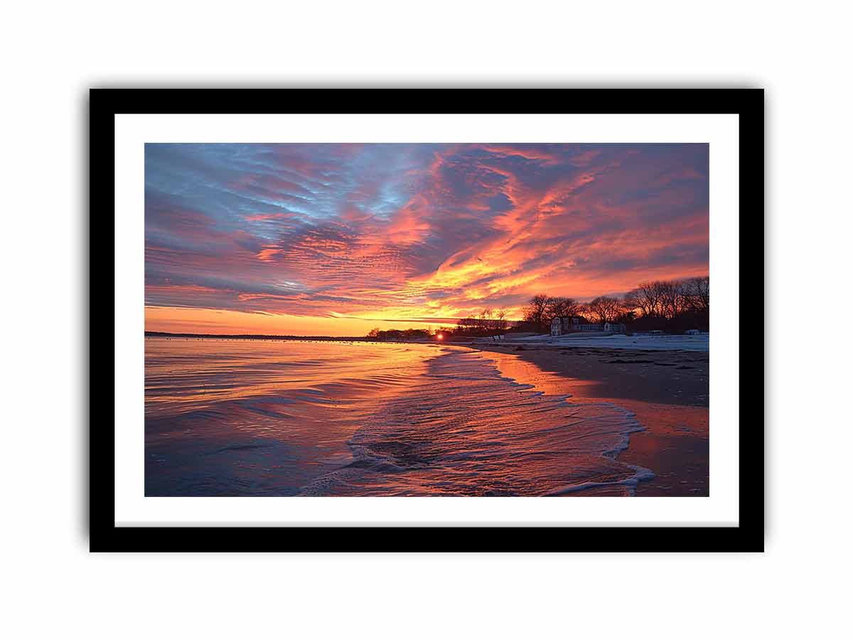 Dramatic coastal sunset canvas art for warm modern living room decor.