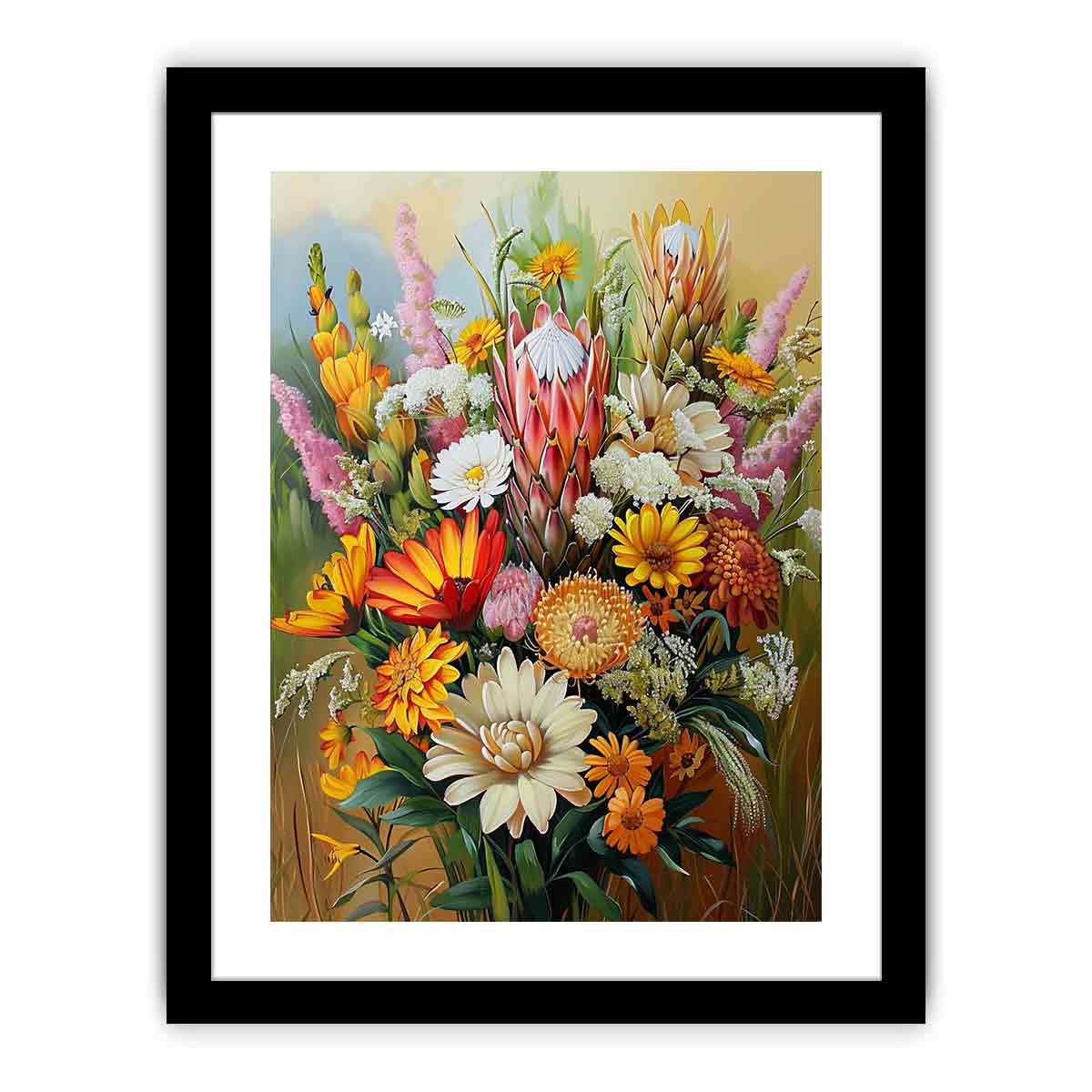 Colorful native floral canvas art with protea for elegant bedroom decor.