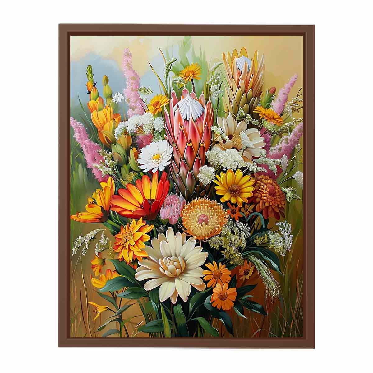 Colorful native floral canvas art with protea for elegant bedroom decor.