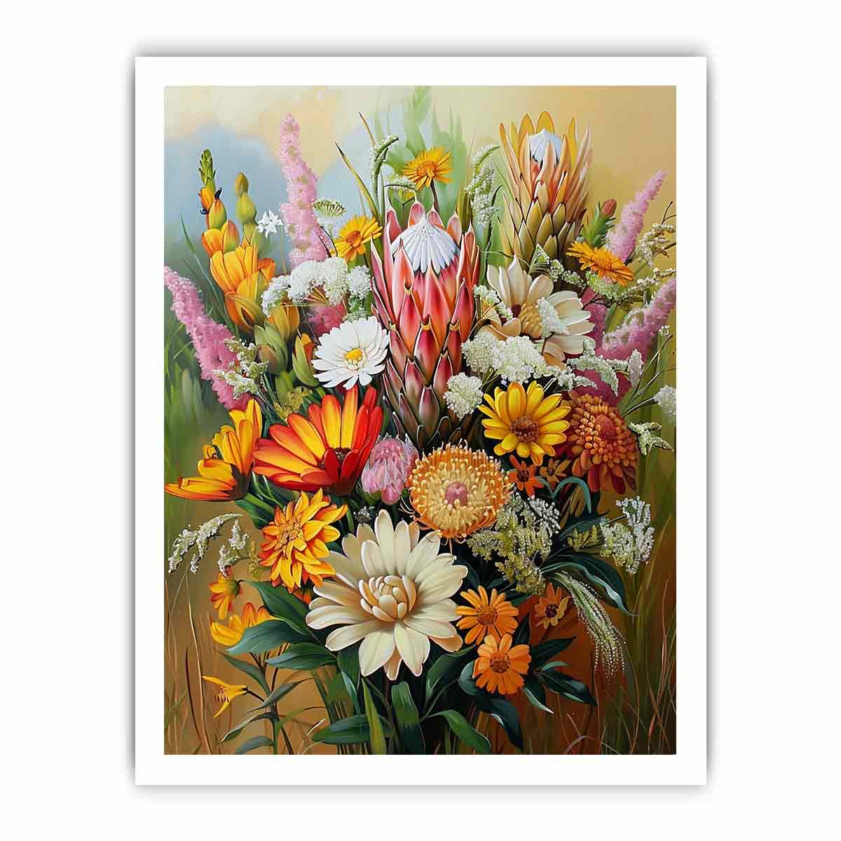 Colorful native floral canvas art with protea for elegant bedroom decor.