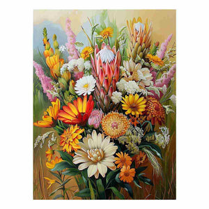 Colorful native floral canvas art with protea for elegant bedroom decor.