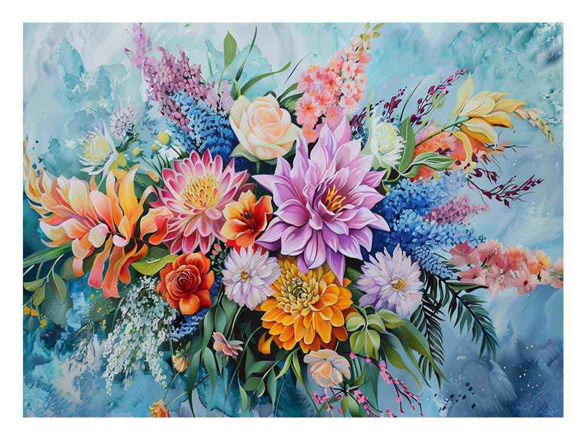 Bright aqua floral bouquet canvas art for modern bedroom and living room decor.