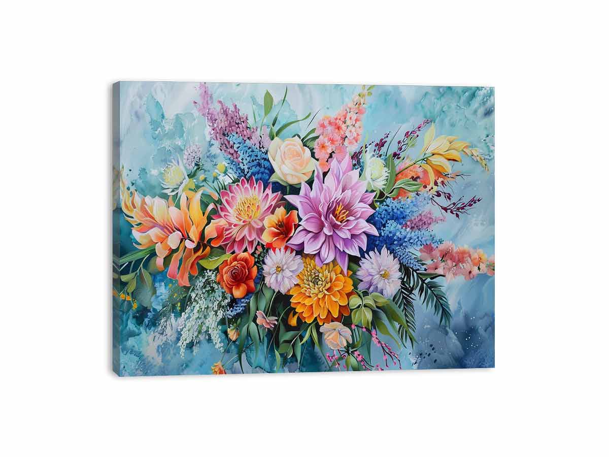 Bright aqua floral bouquet canvas art for modern bedroom and living room decor.