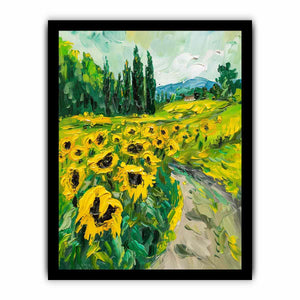 Bold sunflower field canvas painting for rustic modern kitchen or dining room decor.