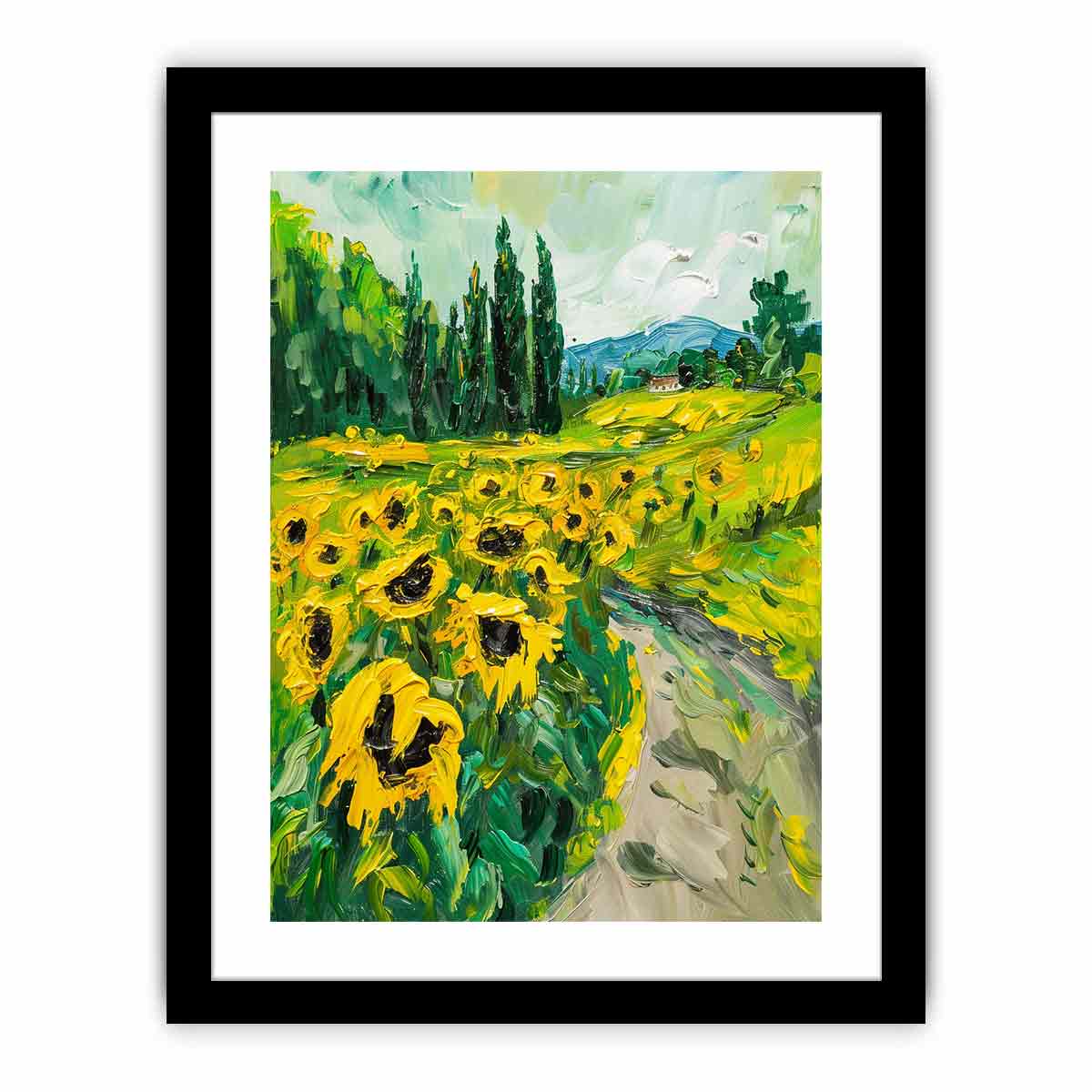 Bold sunflower field canvas painting for rustic modern kitchen or dining room decor.