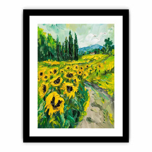 Bold sunflower field canvas painting for rustic modern kitchen or dining room decor.