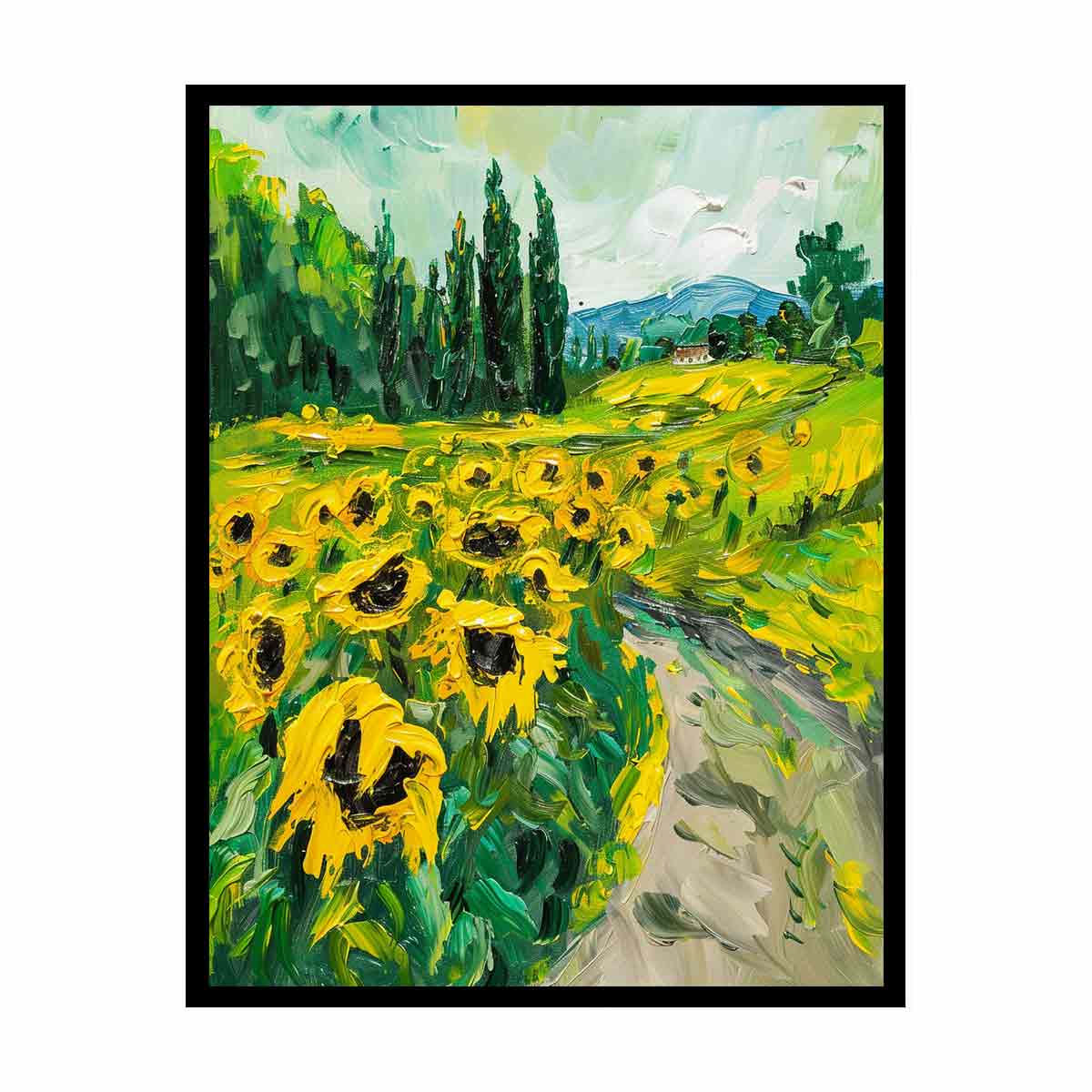 Bold sunflower field canvas painting for rustic modern kitchen or dining room decor.