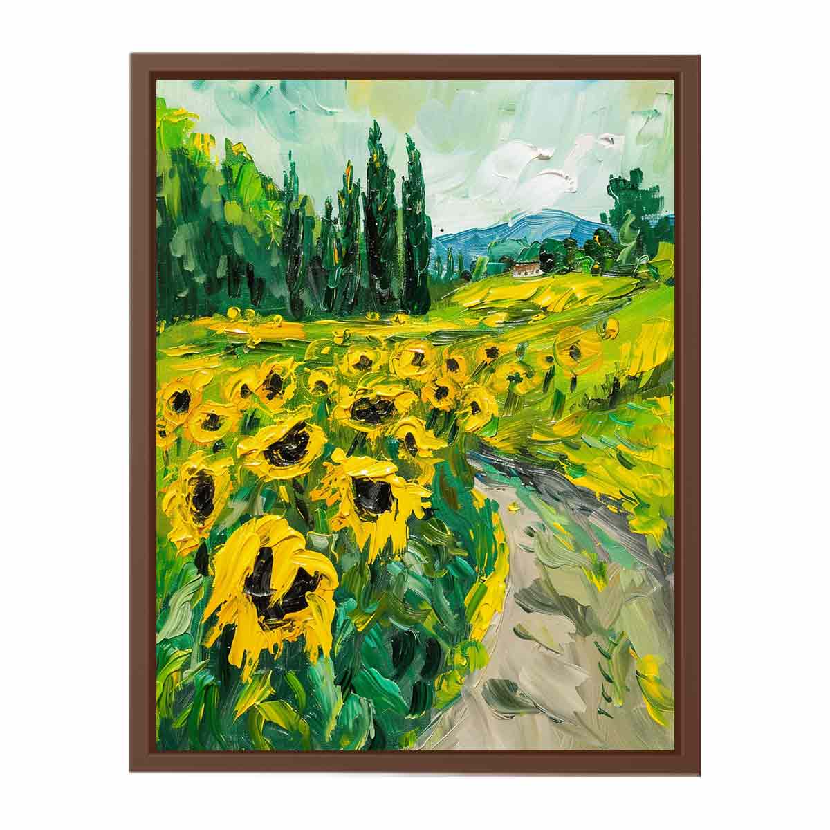 Bold sunflower field canvas painting for rustic modern kitchen or dining room decor.