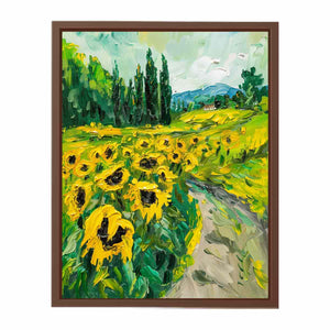 Bold sunflower field canvas painting for rustic modern kitchen or dining room decor.