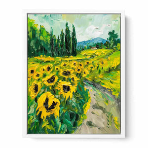 Bold sunflower field canvas painting for rustic modern kitchen or dining room decor.
