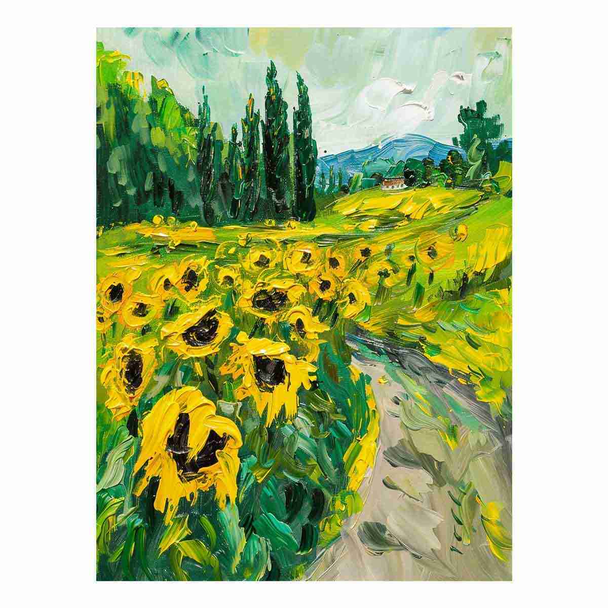 Bold sunflower field canvas painting for rustic modern kitchen or dining room decor.