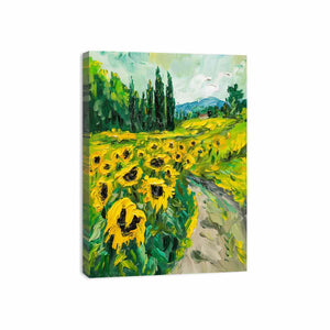 Bold sunflower field canvas painting for rustic modern kitchen or dining room decor.