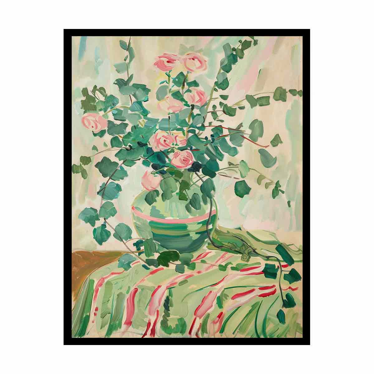 Soft rose vase canvas art for romantic bedroom or cottage style decor.