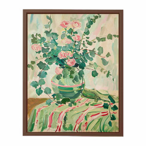 Soft rose vase canvas art for romantic bedroom or cottage style decor.
