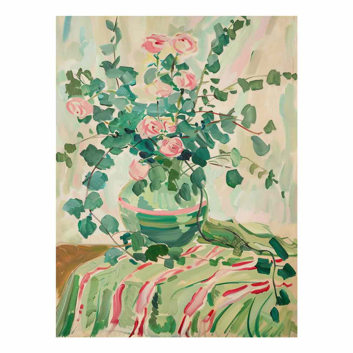 Soft rose vase canvas art for romantic bedroom or cottage style decor.