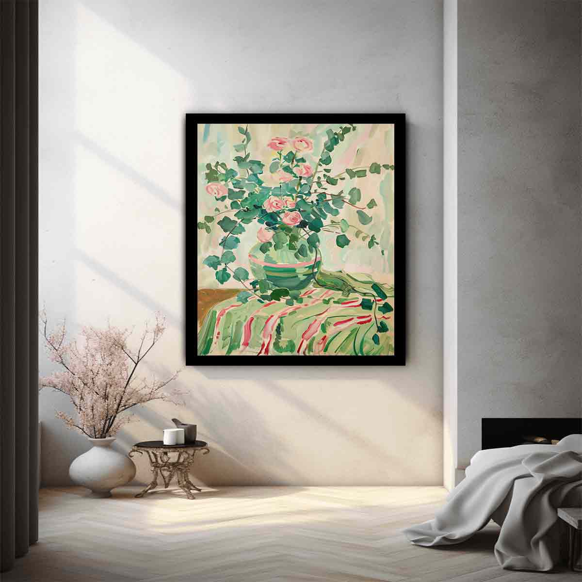 Soft rose vase canvas art for romantic bedroom or cottage style decor.