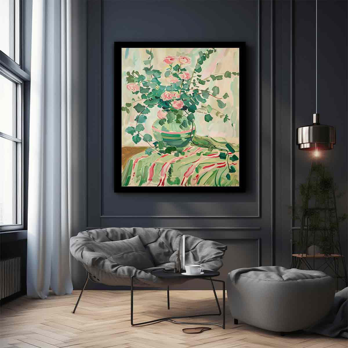 Soft rose vase canvas art for romantic bedroom or cottage style decor.