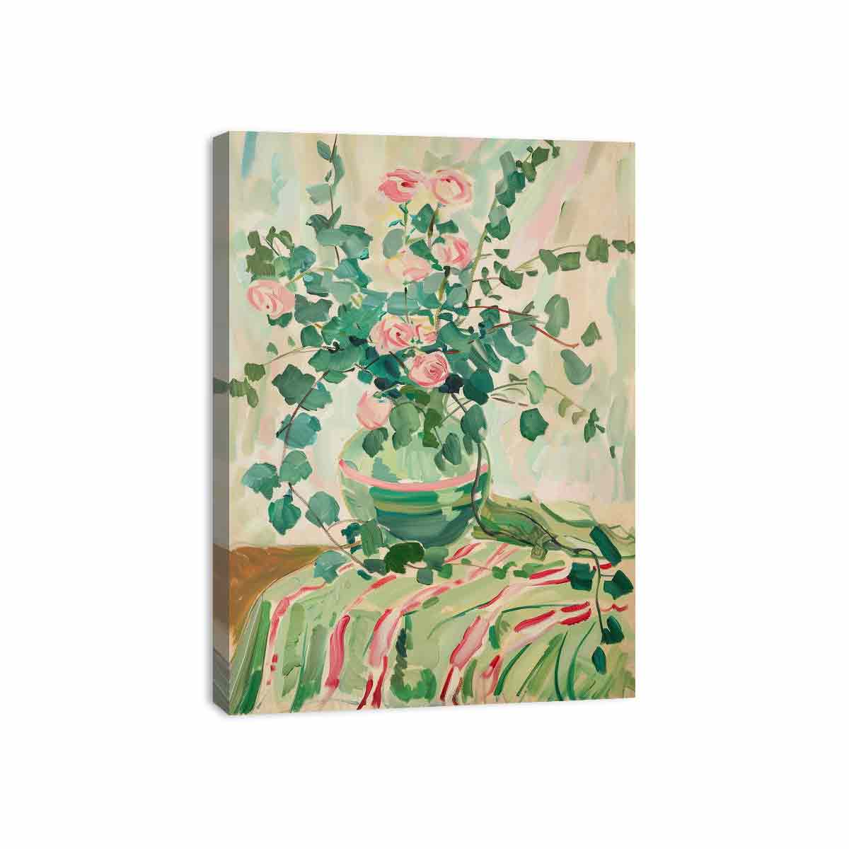Soft rose vase canvas art for romantic bedroom or cottage style decor.