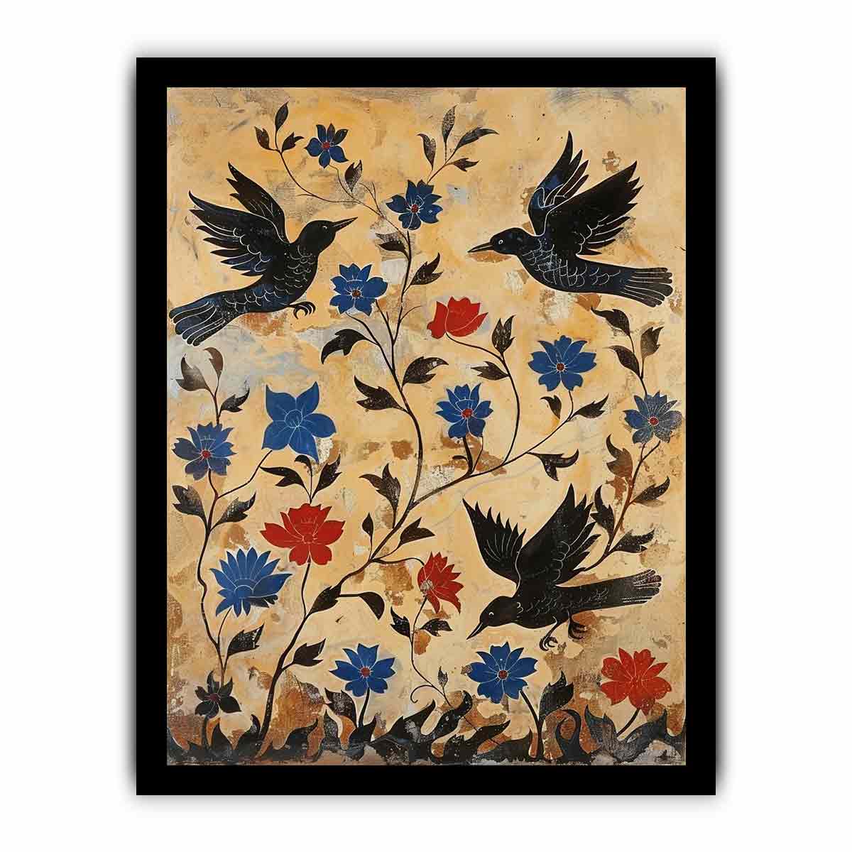 Vintage black bird botanical canvas art for eclectic hallway or entryway decor.
