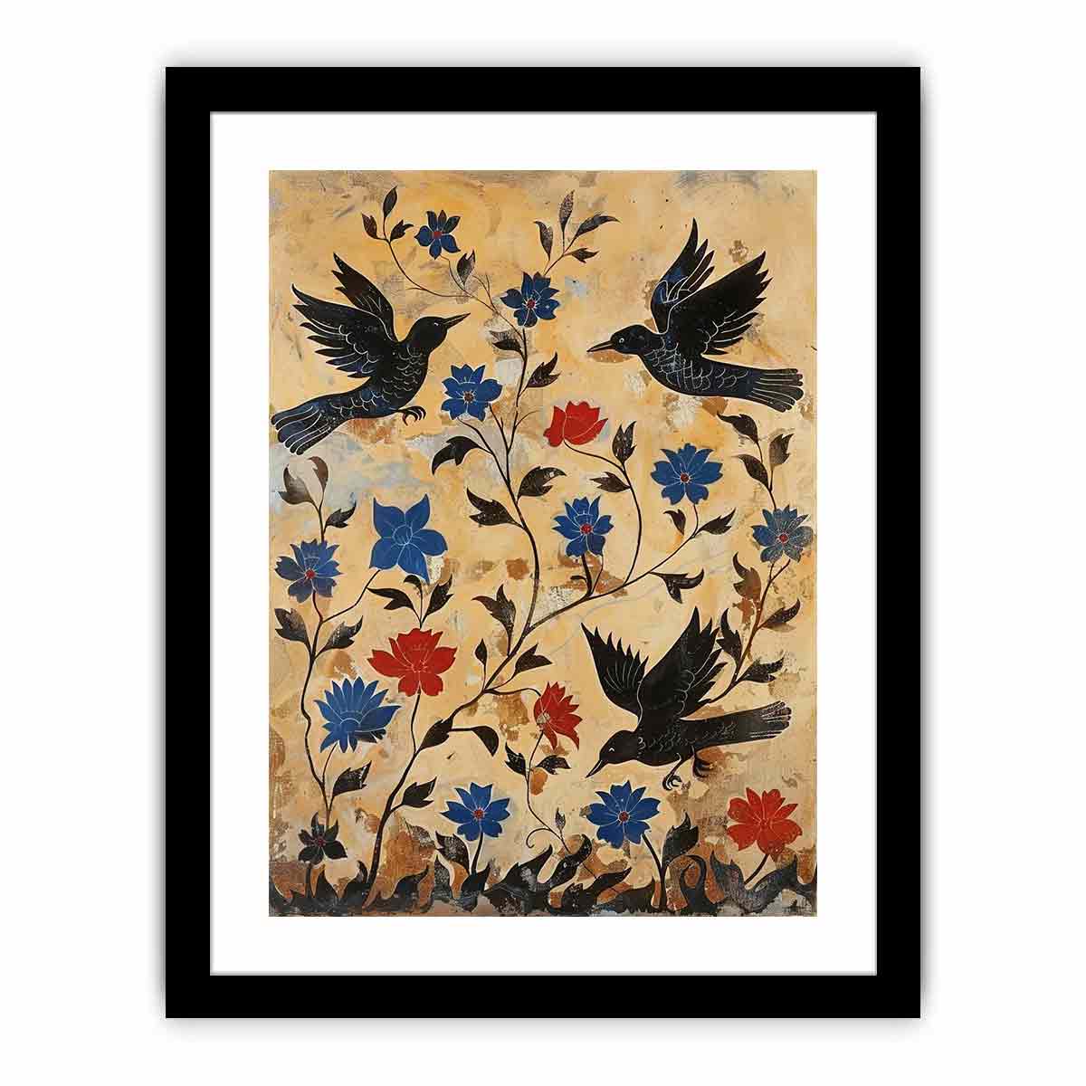 Vintage black bird botanical canvas art for eclectic hallway or entryway decor.